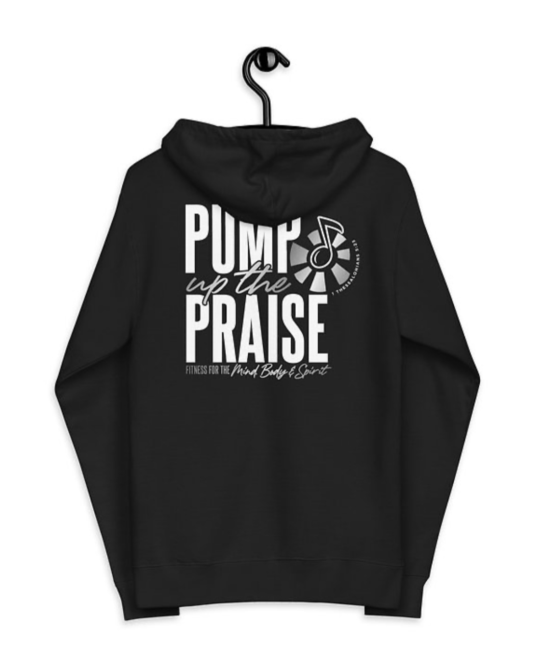 Black Pump Up The Praise hoodie showing the logo print on the back