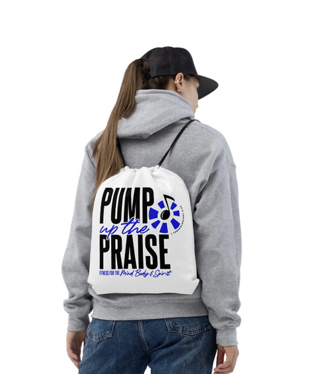 White Pump Up The Praise drawstring cinch bag